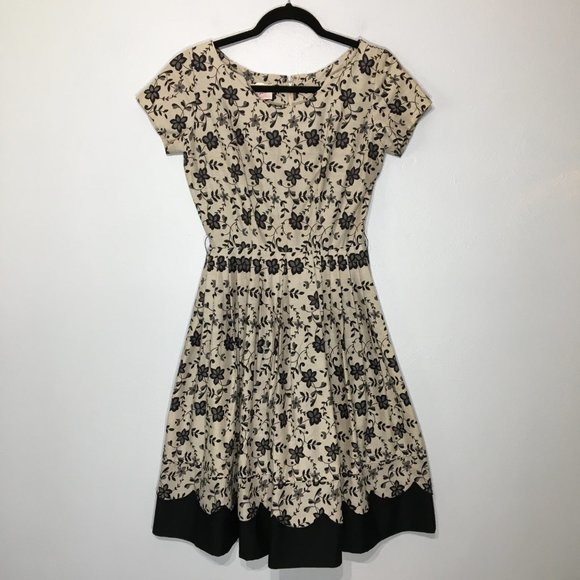 Vintage 50s Tan Floral Fit and Flare Party Dress Matching Belt Pleated Skirt VLV - Picture 12 of 16